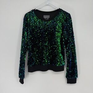 Anthropologie Green Blue Sequin Pullover Sweatshirt Top Size Small Sparkly Party